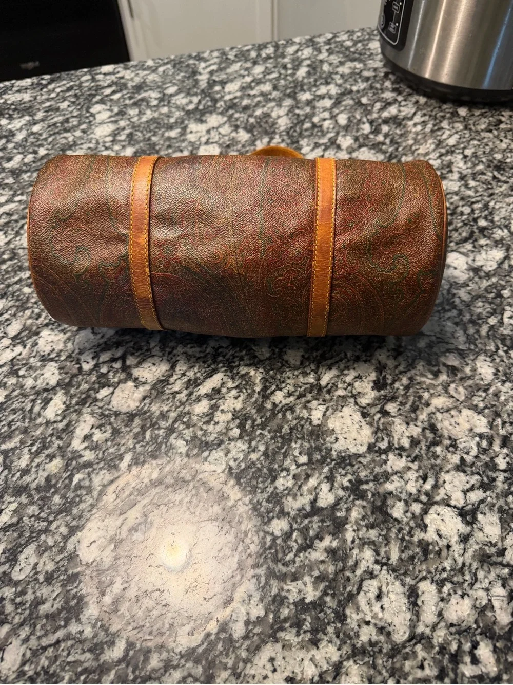 Etro Brown Paisley Barrel Bag with Tan Leather Straps